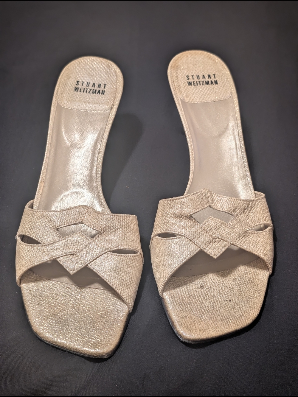 Stuart Weitzman Champagne Metallic Woven Slide Mules